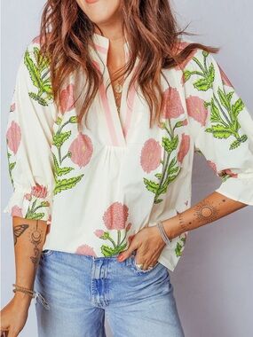 Boutique Floral Peasant Blouse with Pink & Green Print